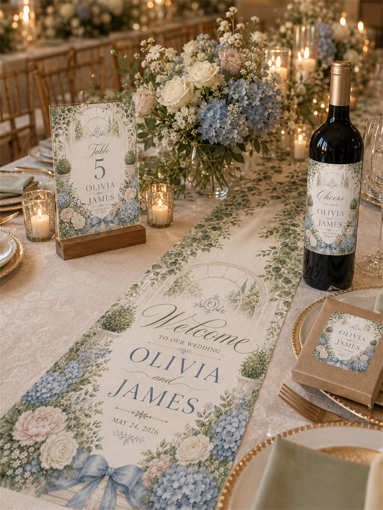 Gray-blue and romantic wedding decorations - garden arch design - custom names and dates